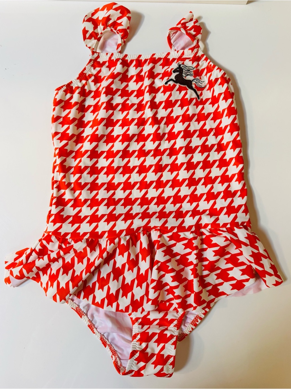 Mini Rodini Red and White Houndstooth Ruffle Swimsuit with ruffle winged straps